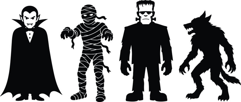 Black and white set of classic halloween horror monsters