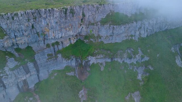 Aerial drone view of the area around Castro Grande and the Complacera Tunnel between the Mena Valley and the Losa Valley. Las Merindades region, Burgos, Castile and Le&oacute;n, Spain, Europe