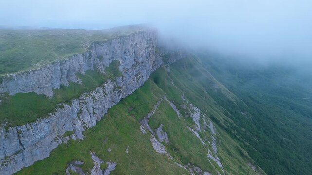 Aerial drone view of the area around Castro Grande and the Complacera Tunnel between the Mena Valley and the Losa Valley. Las Merindades region, Burgos, Castile and Le&oacute;n, Spain, Europe