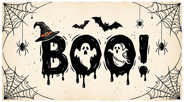 Halloween greeting card with boo text, ghosts, bats, and spider webs