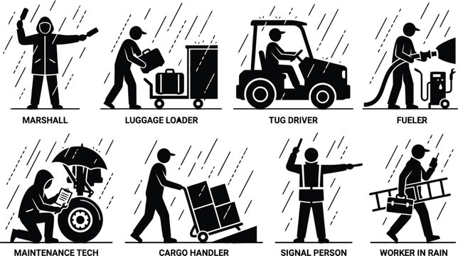 Airport ground crew roles vector icons set