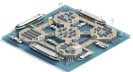 Isometric illustration of modern harbor with ships and solar panels. © UMAR