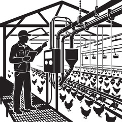 Poultry farm, chicken coop, farming, agriculture, black and white vector illustration © MD ACHADUL ISLAM