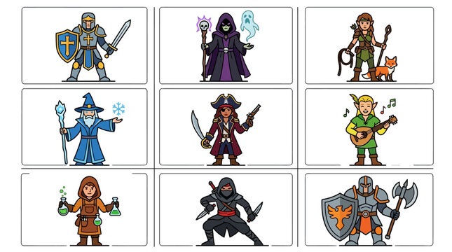 Fantasy adventure character pack with 9 classes: paladin, necromancer, beast tamer, ice wizard, pirate captain, bard musician, alchemist, assassin, guardian warrior