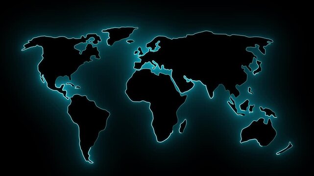 Cyan Neon glowing world map icon animation. Dynamic neon world map animation for global business expansion and futuristic technology ideas. Neon globe world map. 4k video