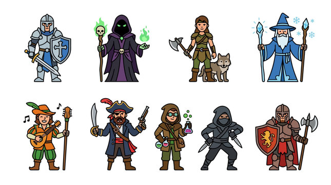 Fantasy adventure character pack with 9 classes: paladin, necromancer, beast tamer, ice wizard, pirate captain, bard musician, alchemist, assassin, guardian warrior