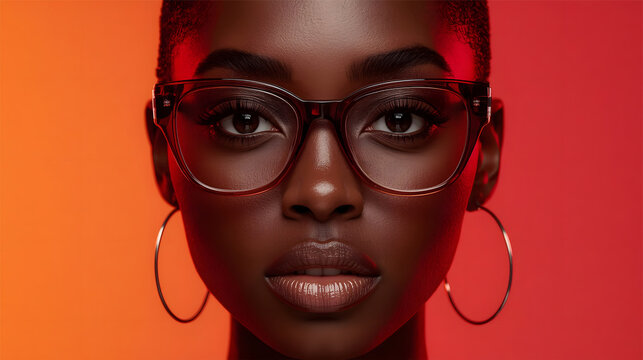 portrait of a beautiful black woman model wearing eye wear on red gradient studio background