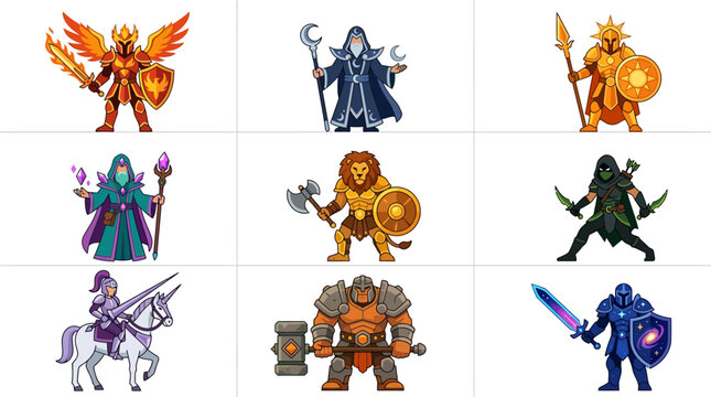 Epic fantasy hero collection with 9 legendary characters: phoenix knight, moon sorcerer, sun guardian, crystal mage, lion warrior, serpent assassin, unicorn rider, titan champion, cosmic paladin