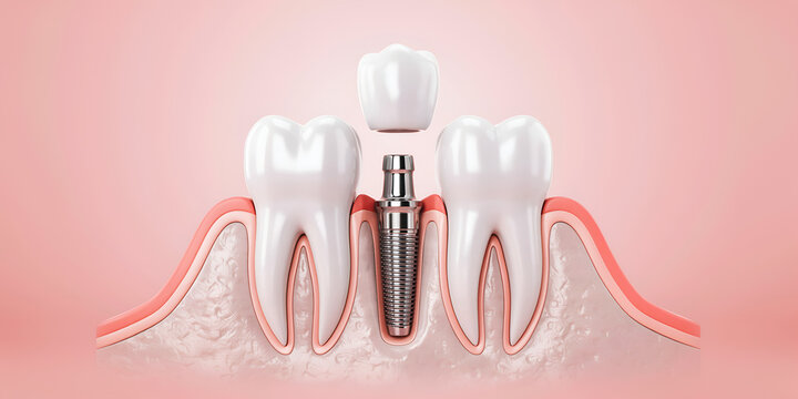 Dental implant procedure showing tooth root and crown placement during oral surgery with soft lighting