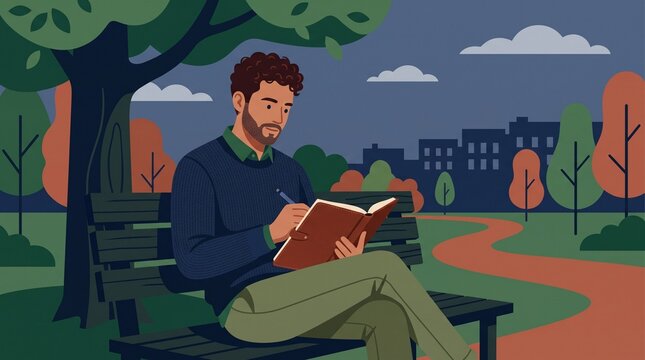 Man reading book in park on autumn evening in warm colorful lighting for publishing