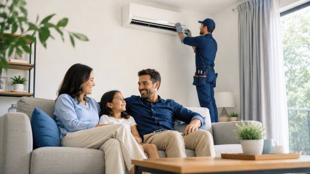 Technician servicing wall-mounted air conditioner while a smiling family relaxes in a modern living room