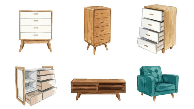 Mid-century modern wooden dresser and cabinet vector set. Watercolor illustration of retro furniture elements including chest of drawers, TV stand, and tufted teal armchair.