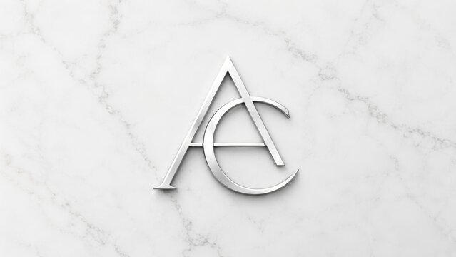 Silver 3D AC monogram with overlapping serif letters set on white veined marble, minimalist luxury logo mockup with polished metallic finish and soft shadow