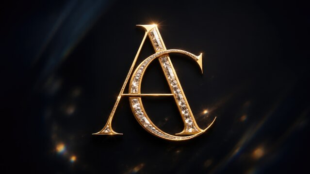 Luxurious gold monogram combining letters A and C with diamond inlays on a dark glossy background