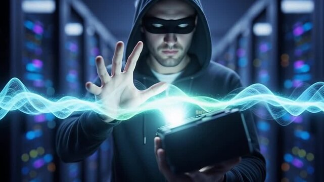 Hacker in data center manipulating energy waves with a cube concept digital security
