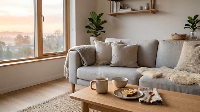 Modern kitchen counter with breakfast setup and city view.