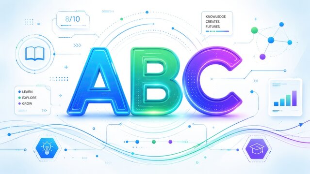 Bright 3D ABC letters with colorful gradient, educational icons, charts and network elements conveying learning, literacy and modern edtech concept