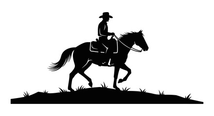 Fototapeta premium Cowboy Riding Horse Silhouette Against Grassy Landscape Silhouette rider equestrian