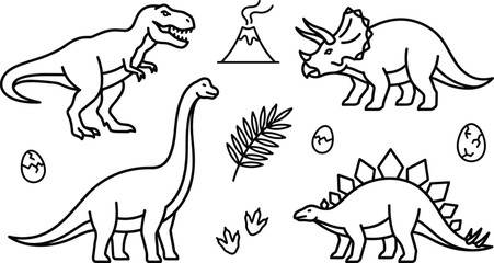 Dinosaur Outline Vector Icon Set with Tyrannosaurus Rex Triceratops Stegosaurus and Volcano for Kids Education and Coloring Book Designs © Maslima