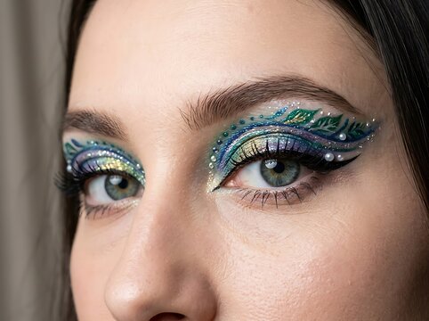 Close up portrait of woman with vibrant eye makeup.