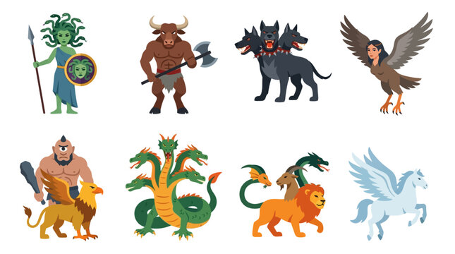 Greek mythology monster and guardian set of 9: Medusa, Minotaur, Cerberus, Cyclops, Hydra, Harpy, Griffin, Chimera, Pegasus