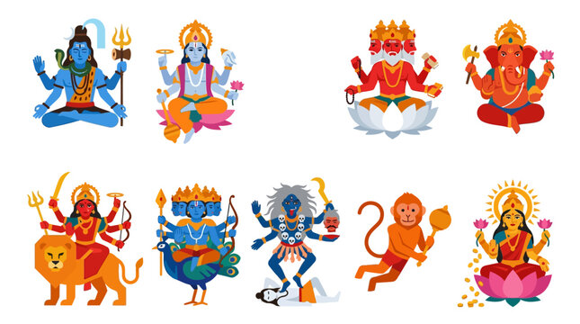 Hindu mythology inspired game character collection of 9: Shiva, Vishnu, Brahma, Ganesha, Kartikeya, Durga, Kali, Hanuman, Lakshmi, flat vector illustration, simplified geometric forms
