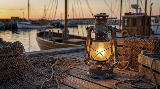 Mockup hiperrealista de una linterna n&aacute;utica cl&aacute;sica de metal envejecido sobre un muelle de madera junto a redes y cuerdas marineras. Fondo desenfocado con embarcaciones tradicionales. Calidad 8K.