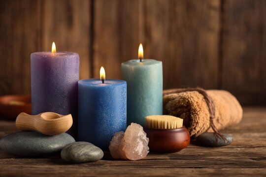 Spa wellness treatment still life with burning candles and natural bath accessories wellness relaxation aromatherapy treatment candlelight accessories background serenity meditation skincare