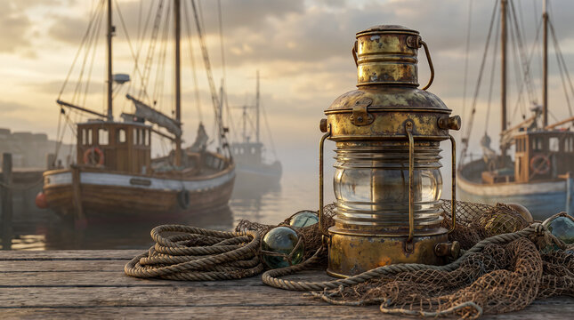 Mockup hiperrealista de una linterna n&aacute;utica cl&aacute;sica de metal envejecido sobre un muelle de madera junto a redes y cuerdas marineras. Fondo desenfocado con embarcaciones tradicionales. Calidad 8K.