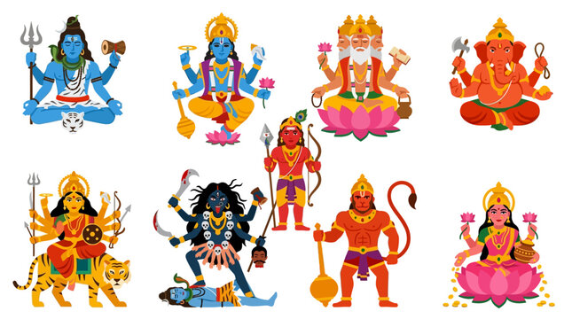 Hindu mythology inspired game character collection of 9: Shiva, Vishnu, Brahma, Ganesha, Kartikeya, Durga, Kali, Hanuman, Lakshmi, flat vector illustration, simplified geometric forms