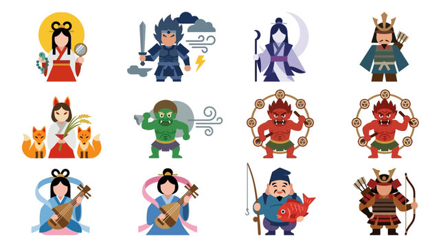 Japanese mythology fantasy character set of 9: Amaterasu, Susanoo, Tsukuyomi, Inari, Fujin, Raijin, Benzaiten, Ebisu, Hachiman