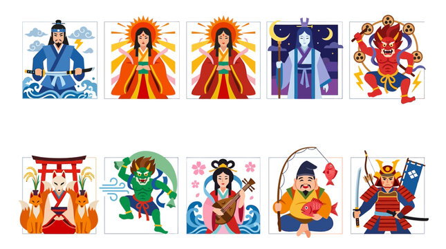 Japanese mythology fantasy character set of 9: Amaterasu, Susanoo, Tsukuyomi, Inari, Fujin, Raijin, Benzaiten, Ebisu, Hachiman