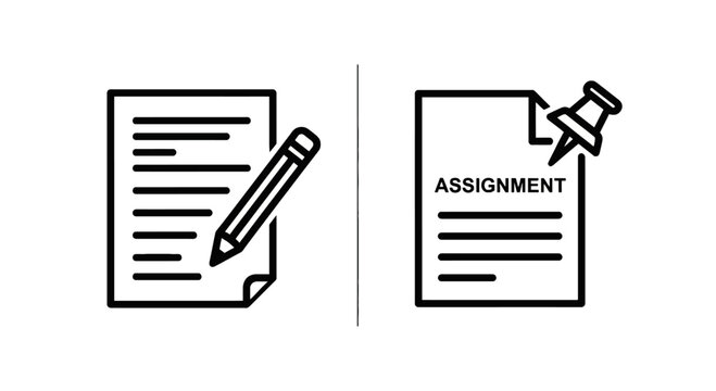 Assignment writing and document pinning line icons with assignment document homework education business planning management checklist academic