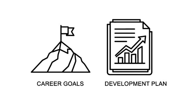 Business success icons set featuring mountain career goals and growth development plan document development business mountain document strategy