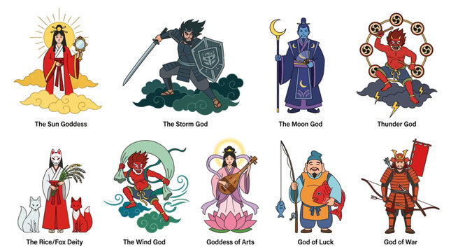 Japanese mythology fantasy character set of 9: Amaterasu, Susanoo, Tsukuyomi, Inari, Fujin, Raijin, Benzaiten, Ebisu, Hachiman