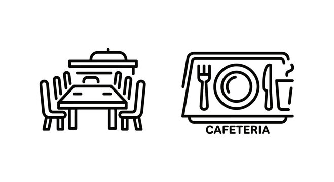 Cafeteria and restaurant dining icons showing tables chairs and food tray service with cafeteria restaurant furniture utensils hospitality