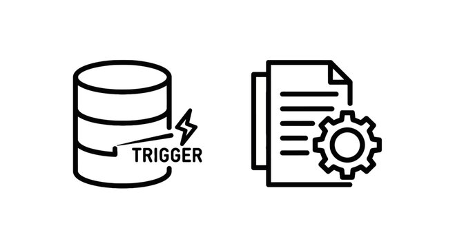 Database trigger and document management settings line icon set with database document management settings software development technical