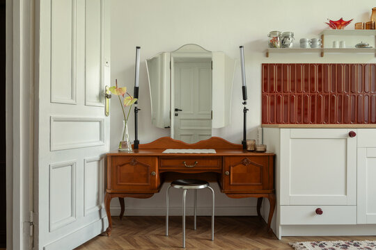 Vintage Wooden Dressing Table with Mirror in a Bright Living Space
