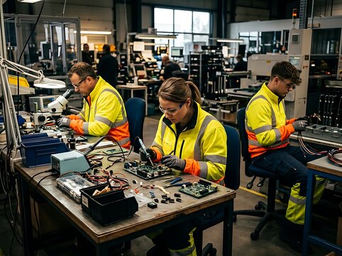 Industrial workers assembling electronic circuit boards in factory.