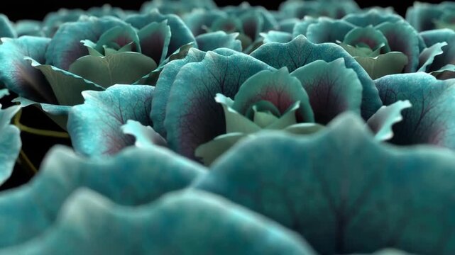 Gliding camera showing central teal rosette in nursery, revealing petal texture and purple core