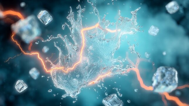 Dynamic splash of water with ice cubes and electric sparks in vibrant colors.