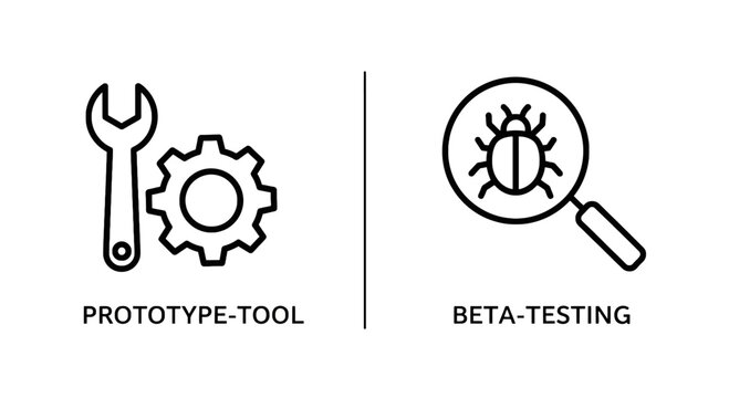 Software development prototype tool and beta testing icons set with prototype development software magnifier programming engineering technical
