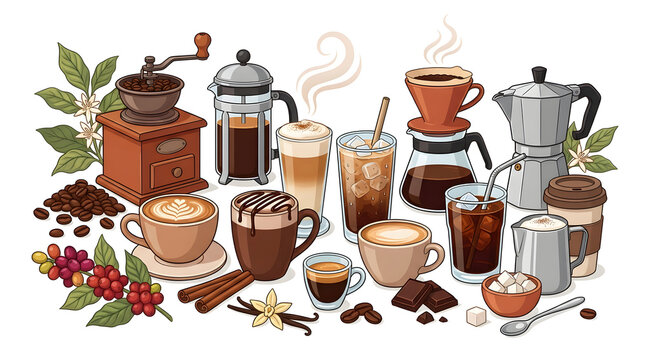 Barista coffee maker set with iced latte chocolate cubes cinnamon and grinder vector