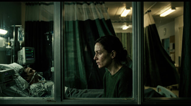 Woman Watches Patient Through Hospital Window Gloomy Interior