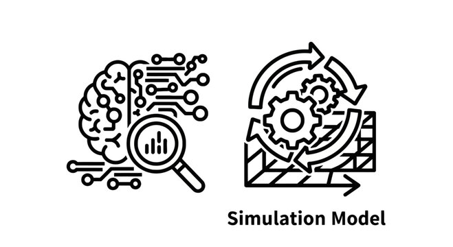 Digital brain analysis and process simulation model icons with simulation analysis magnifying technology artificial intelligence thinking