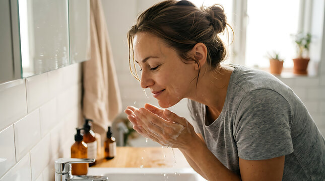 Young Hispanic Woman Washing Face and Applying Cleanser at Bathroom Sink During Morning Skincare Routine