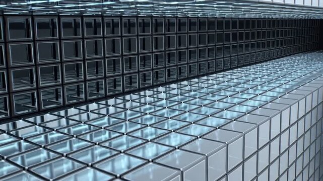 Moving camera showing two translucent cube bands in dark space for detail, chrome frames blue glow