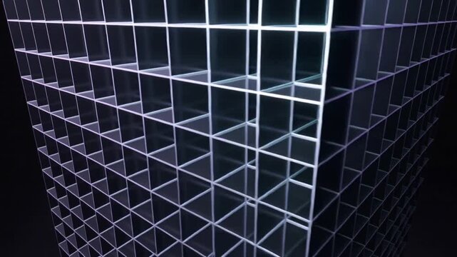 Panning camera revealing cubic lattice with lit grid lines in dark void, showing receding tunnel