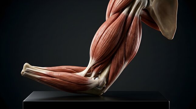 Detailed anatomical model of a human arm and hand showing muscles, tendons, and bones on a stand against a dark background, educational medical illustration