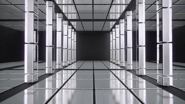 Starting dolly moving camera gliding glossy tiled corridor, revealing lit columns and dark opening